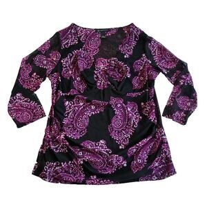 INC Mesh Top Baby Doll Women 0X Black Purple Paisley Ruched Y2K Fairy Whimsigoth